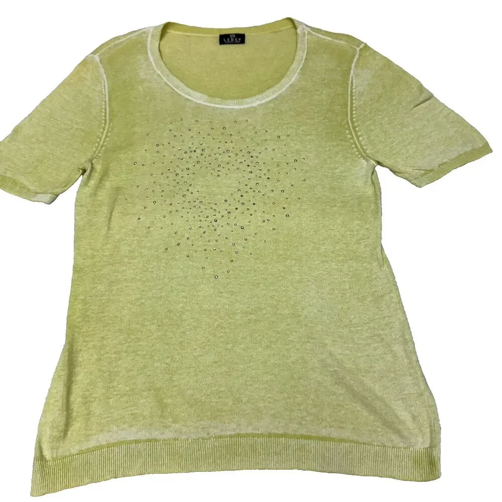 Barbara Leber Womens Lime Green Rhinestones Round Neck Cotton Sweater Sz 12